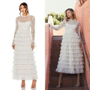 Mac Duggal 8003 Size 4 Embroidered Long Sleeve Ruffled Tiered Pearl White Dress